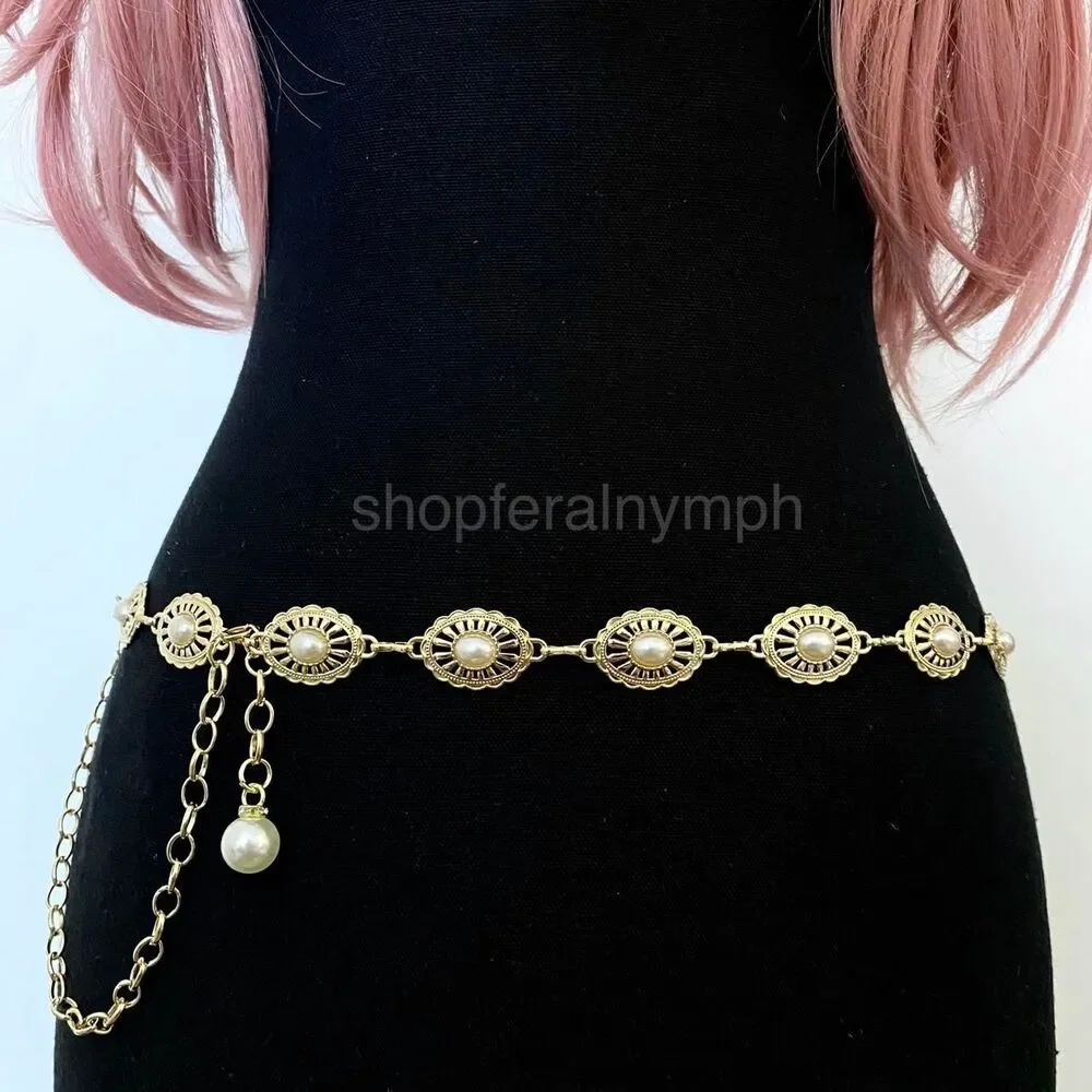 Gold Faux Pearl Sunburst Medallion Waist Chain Belt, Fits 25-44 Inches, X7GA1349